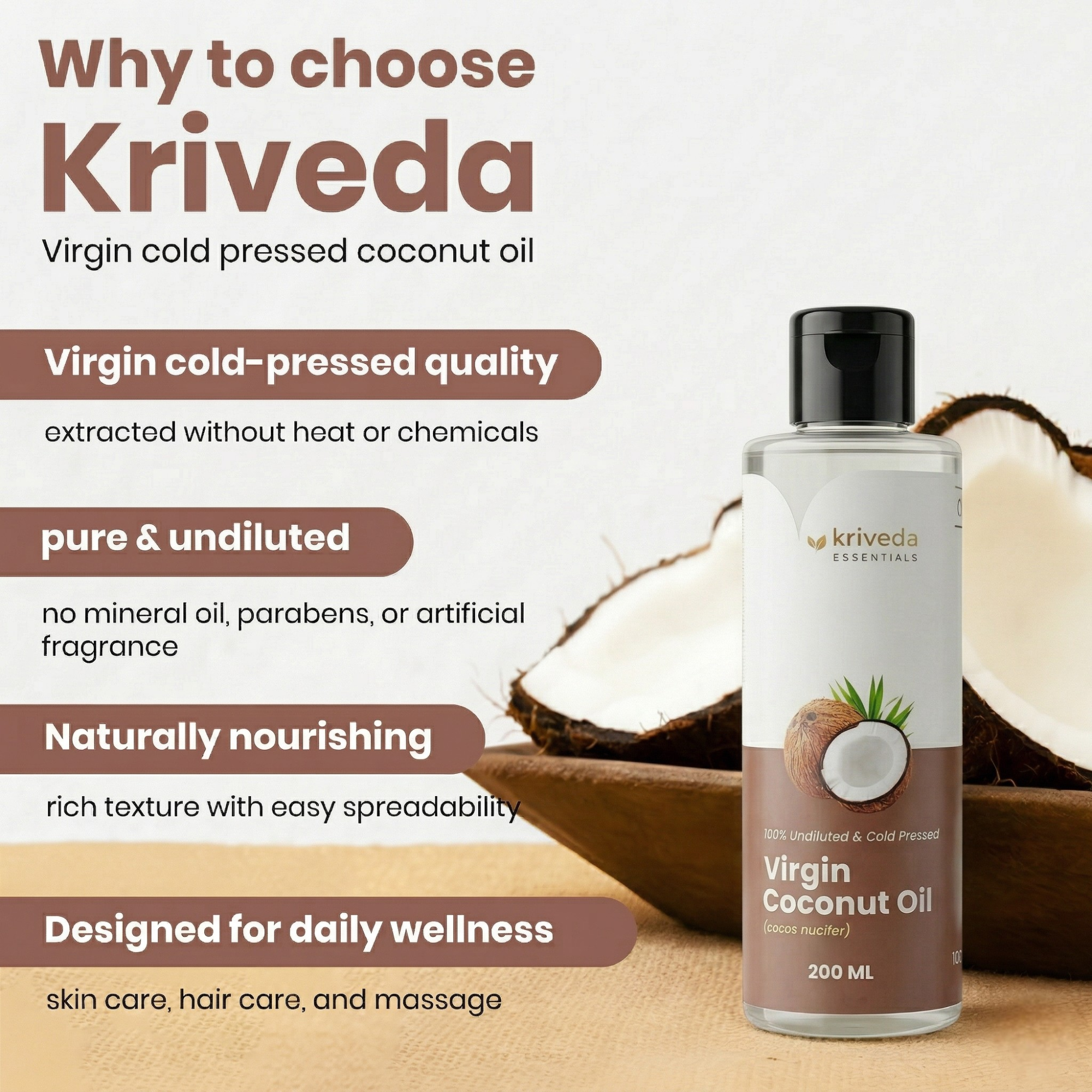 Kriveda Virgin Coconut Oil – Cold Pressed & Traditionally Crafted from Kerala Coconuts
